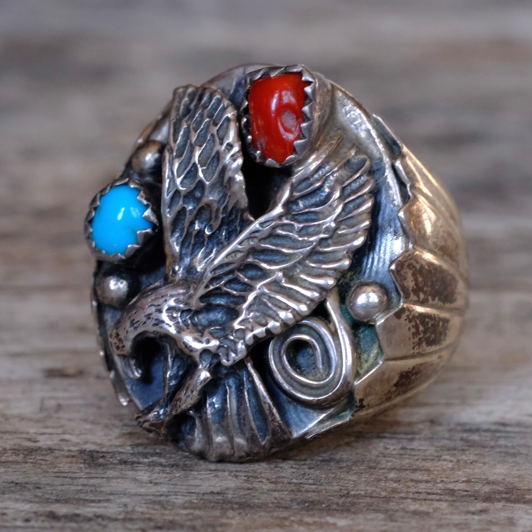 Vintage Sterling Turquoise and Coral Eagle Ring 9