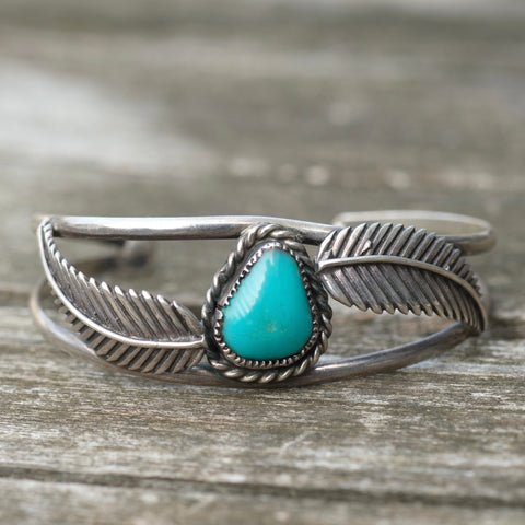 Vintage Sterling Turquoise Feather Cuff