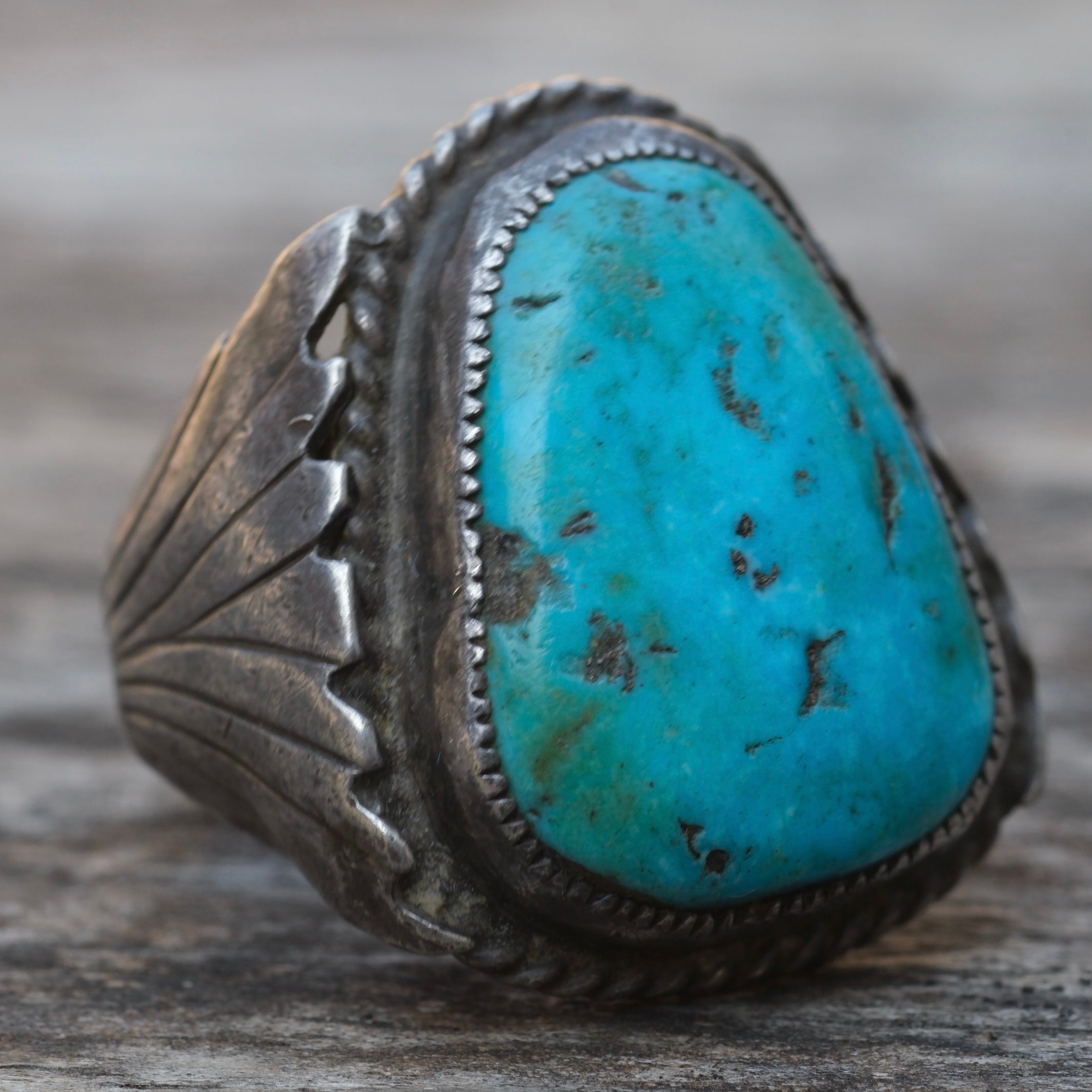 Vintage Sterling Turquoise Ribbed Band Ring 10.25
