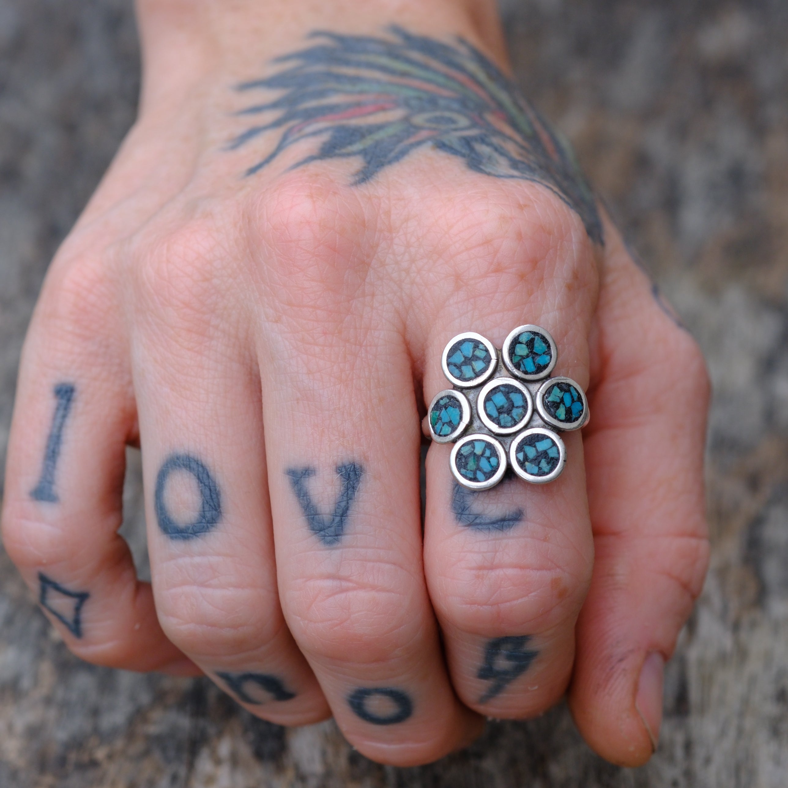 Vintage Sterling Turquoise Chip Inlay Cluster Ring 7.5