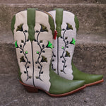 Vintage Rudel Green Embroidered Floral Womens Cowboy Boots Size 5