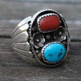 Vintage Sterling Turquoise and Coral Ribbed Band Ring 10.75