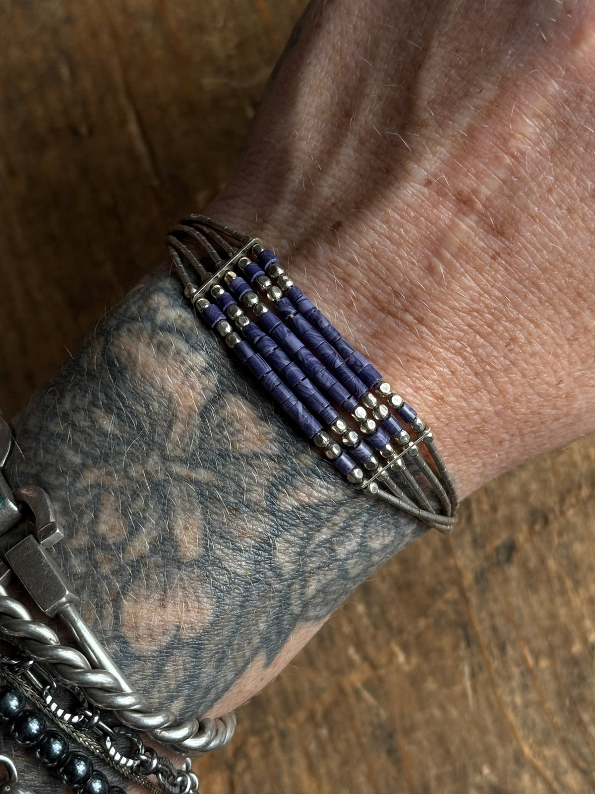 Vintage Sterling Silver Beaded Lapis Liquid Silver Bracelet