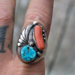 Vintage Sterling Turquoise and Coral Feather Ring 10.5