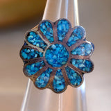 Vintage Sterling Turquoise Inlay Flower Ring 4.5
