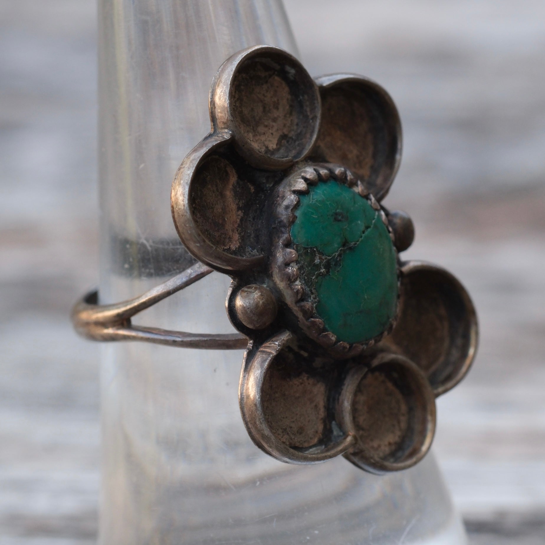Vintage Sterling Turquoise Floral Ring 7.25