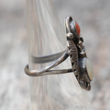 Vintage Sterling Mother Of Pearl and Coral Feather Ring 5.5