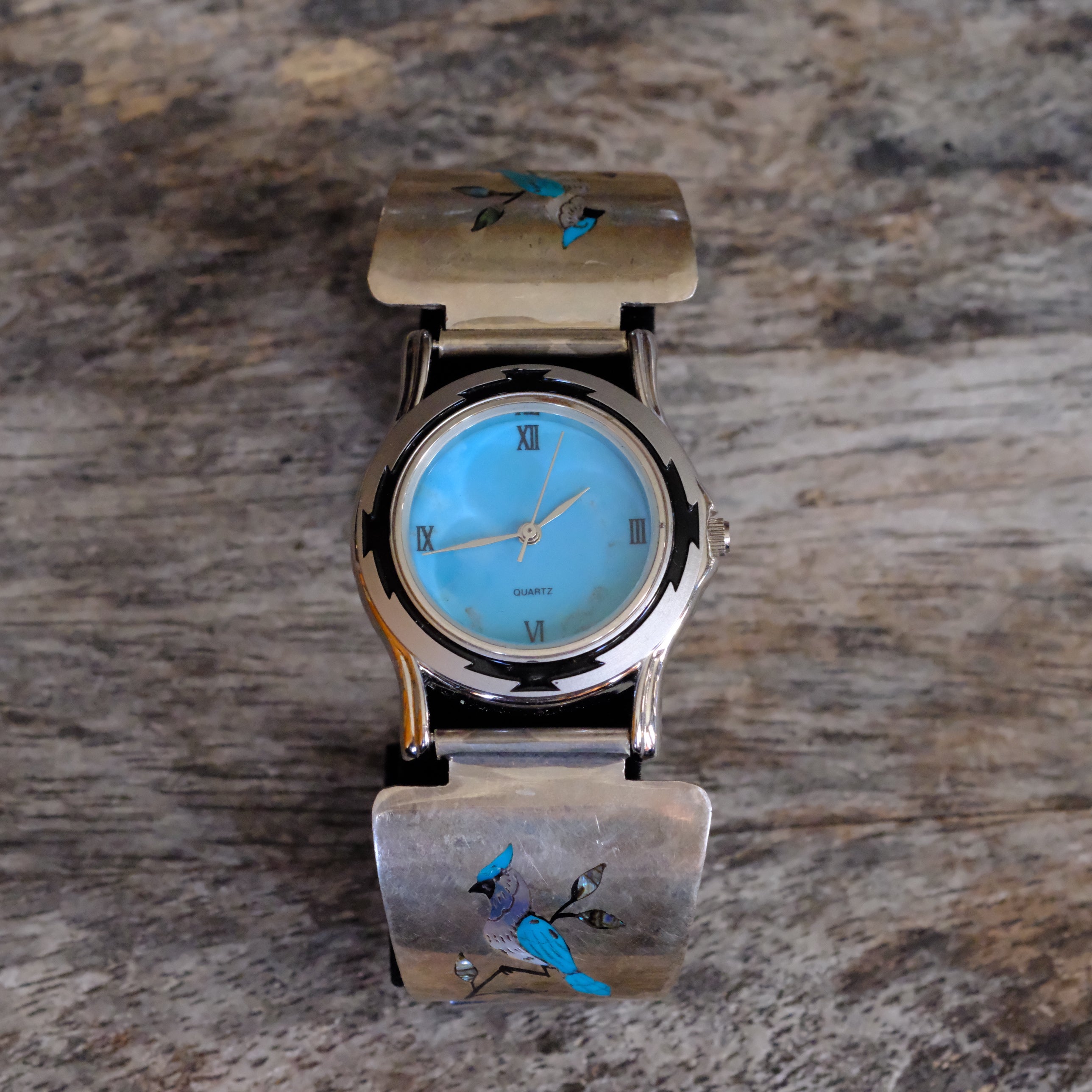 Vintage Sterling Inlay Blue Jay Watch With Turquoise Dial