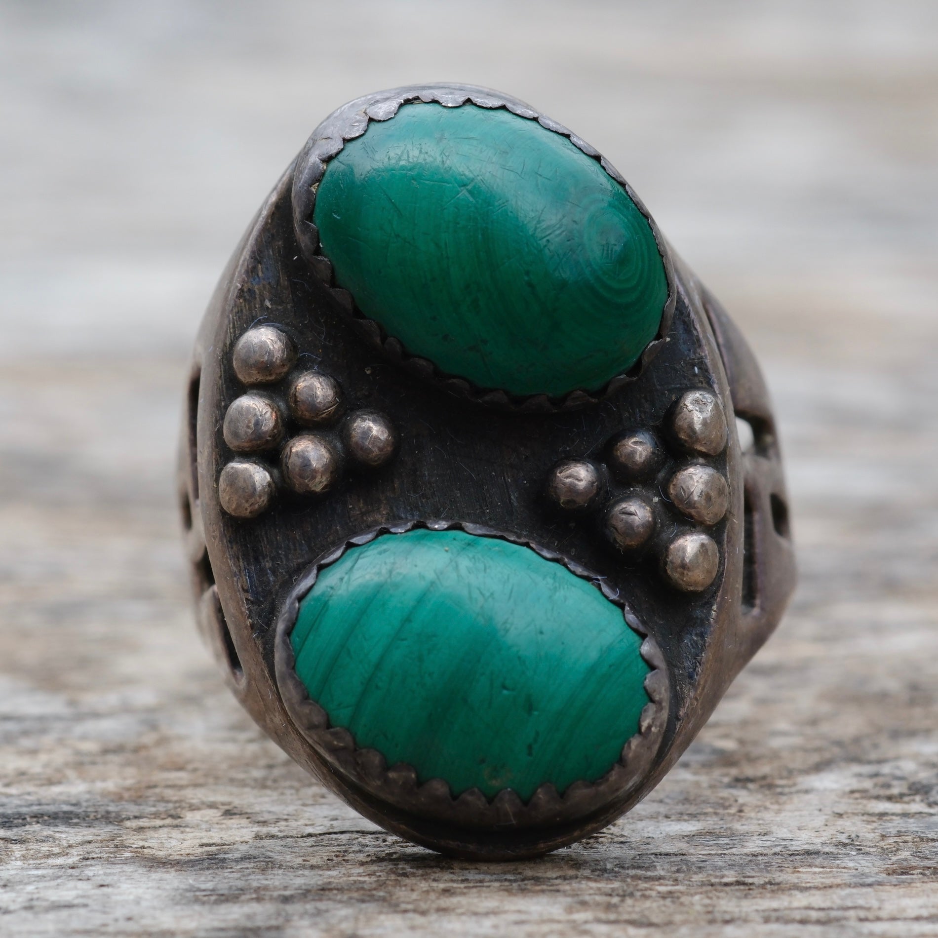 Vintage Sterling 2-Stone Malachite Ring 11.75