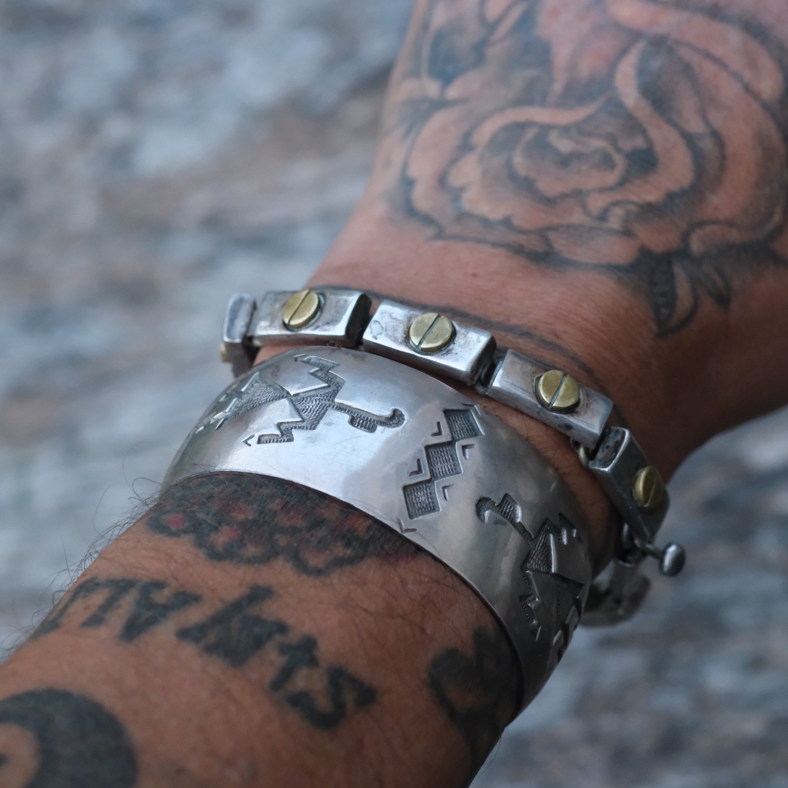 Vintage Sterling Silver Yei Etched M. Thomas Navajo Cuff