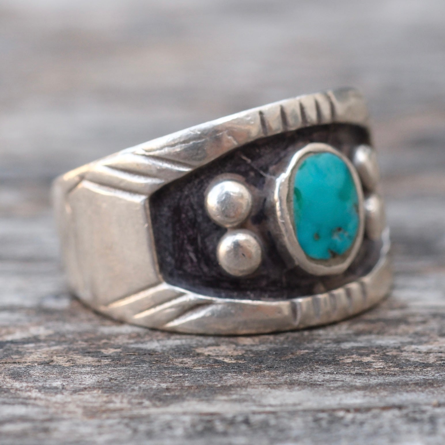 Vintage Sterling Turquoise Wide Band Ring 10.75