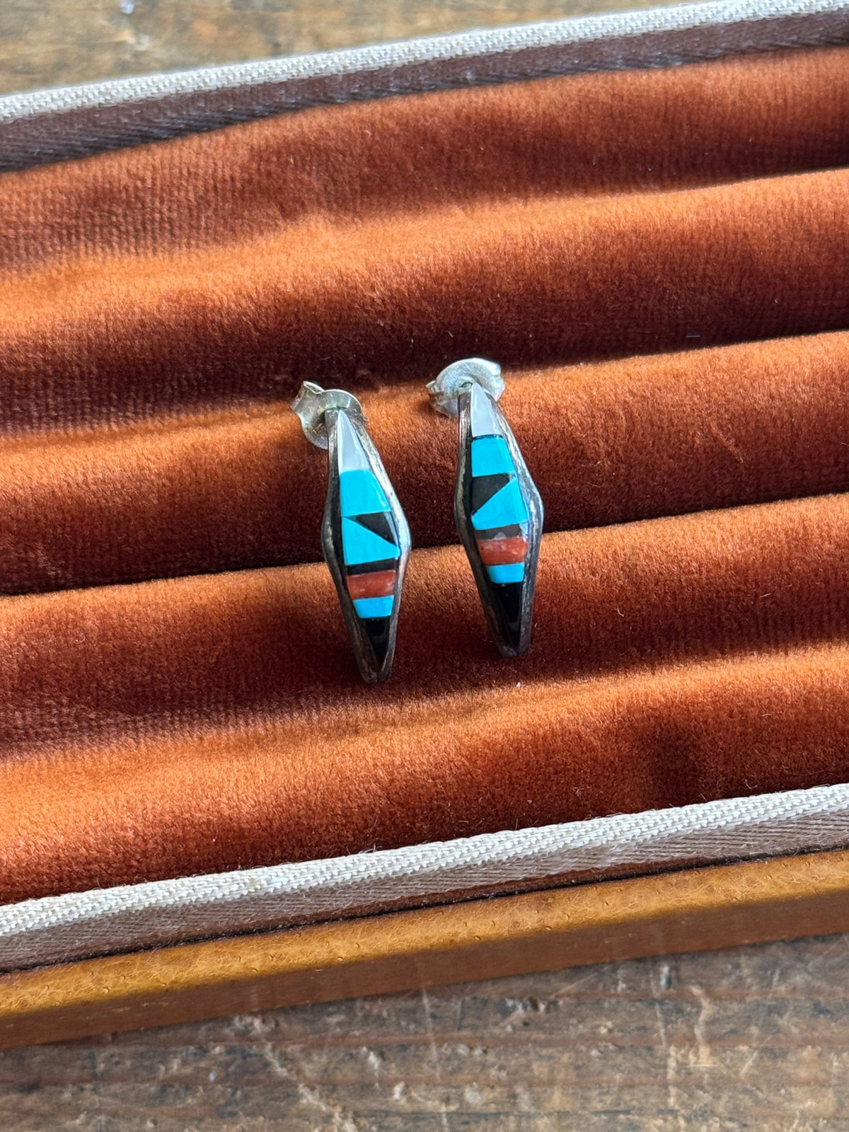 Vintage Sterling Silver Multistone Inlay Crescent Hoops