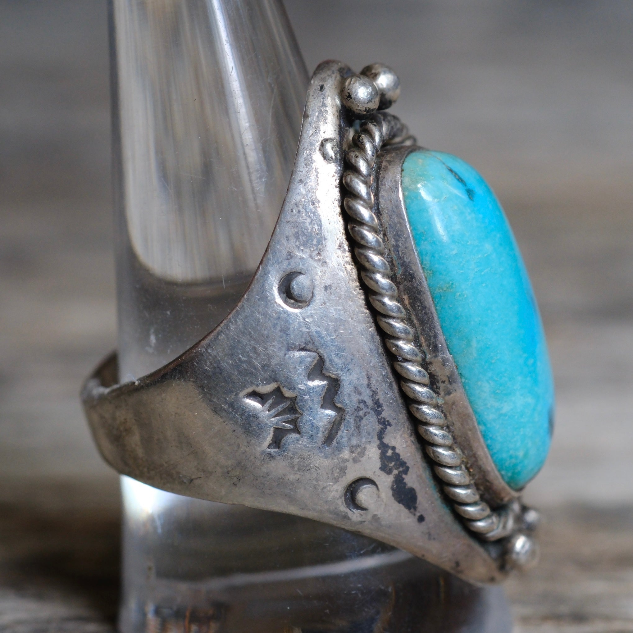 Vintage Sterling Turquoise Stamped Band Ring 10.75