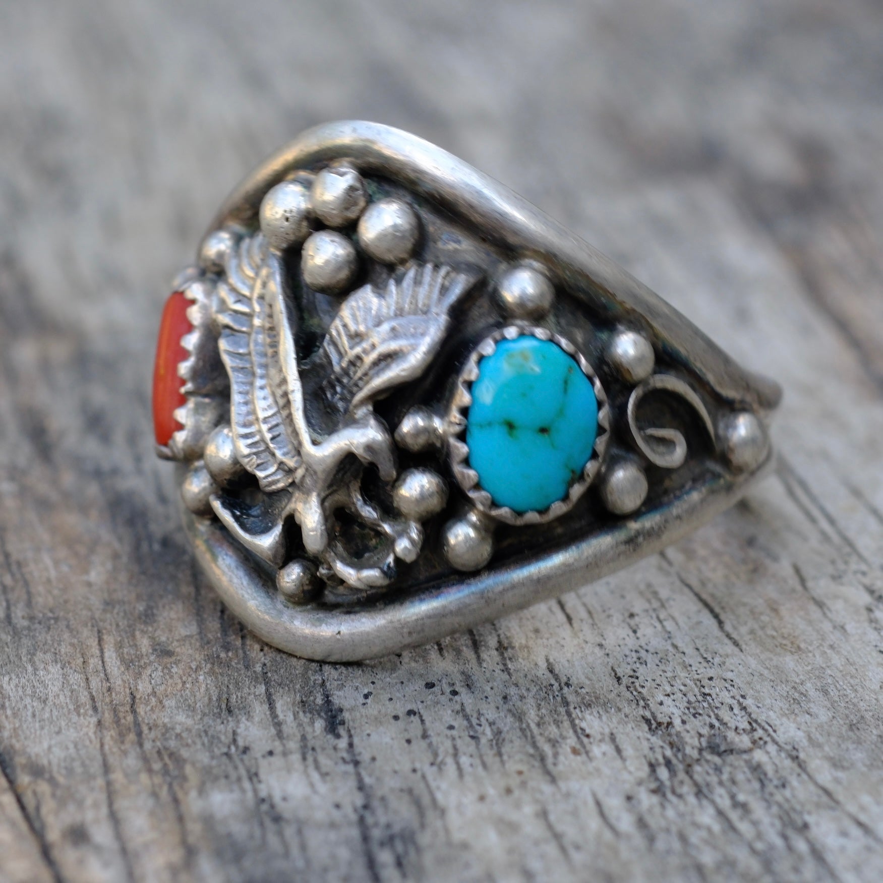 Vintage Sterling Turquoise and Coral Eagle Ring 14.5