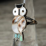 Vintage Sterling Multi Stone Inlay Owl Ring 5.5