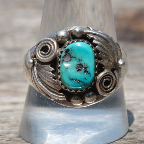 Vintage Sterling Turquoise Feather Ring 11.75