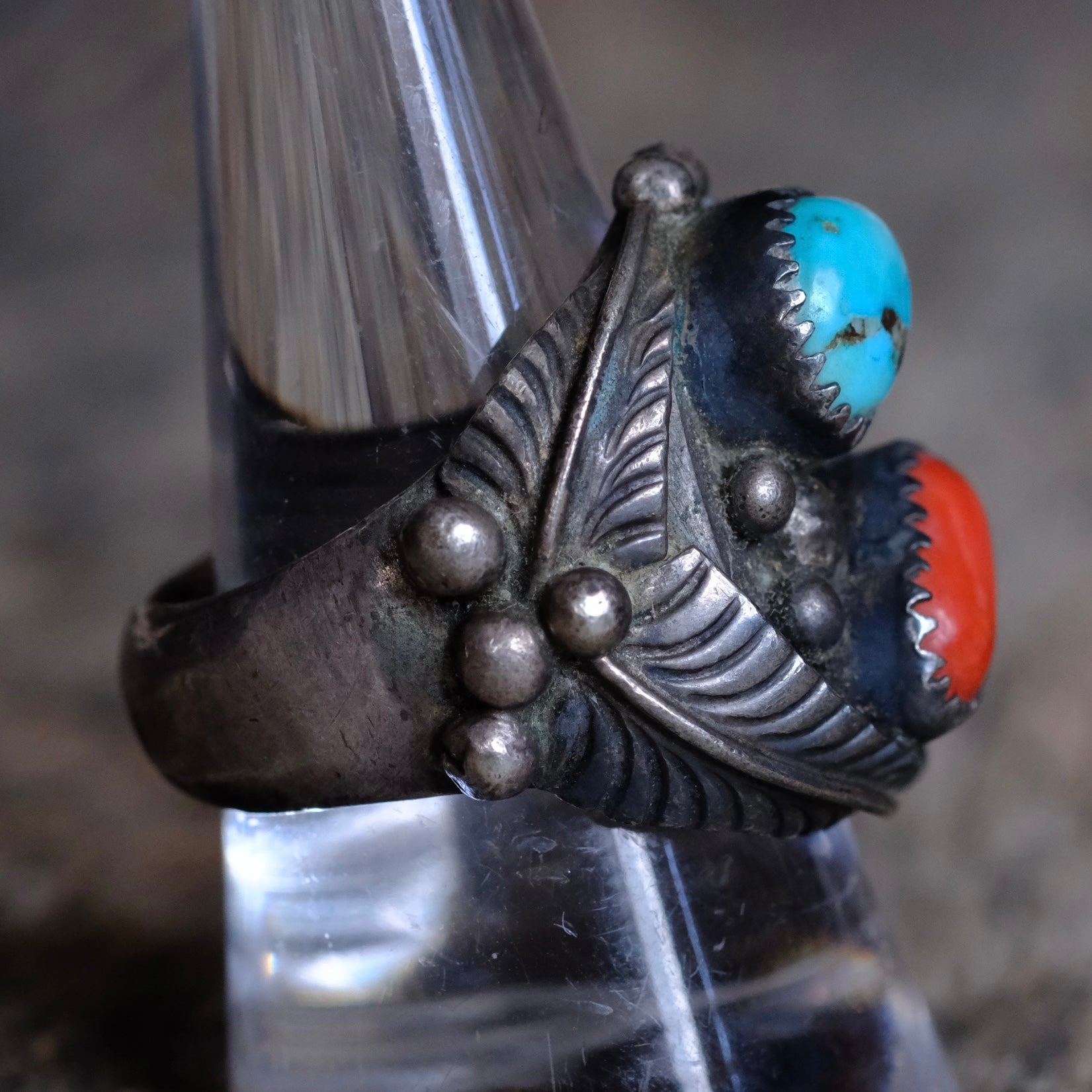 Vintage Sterling Turquoise and Coral Feather Ring 10