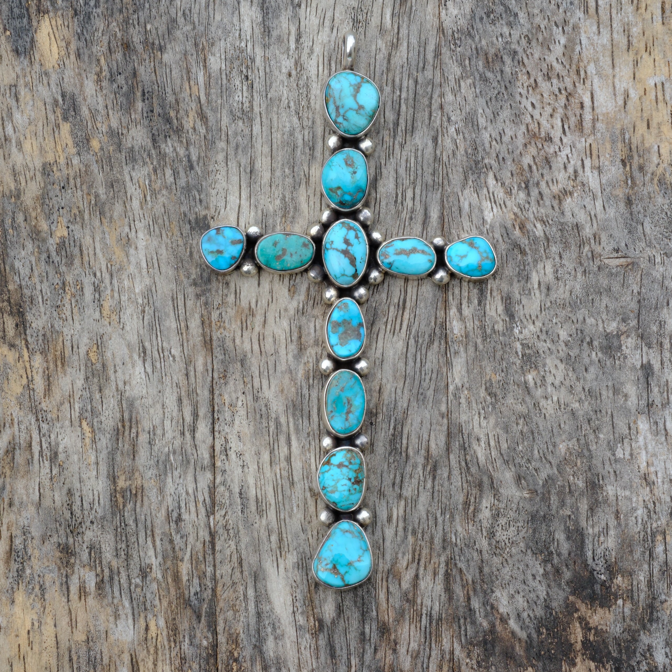 HUGE Vintage Sterling Turquoise Cluster Cross Pendant
