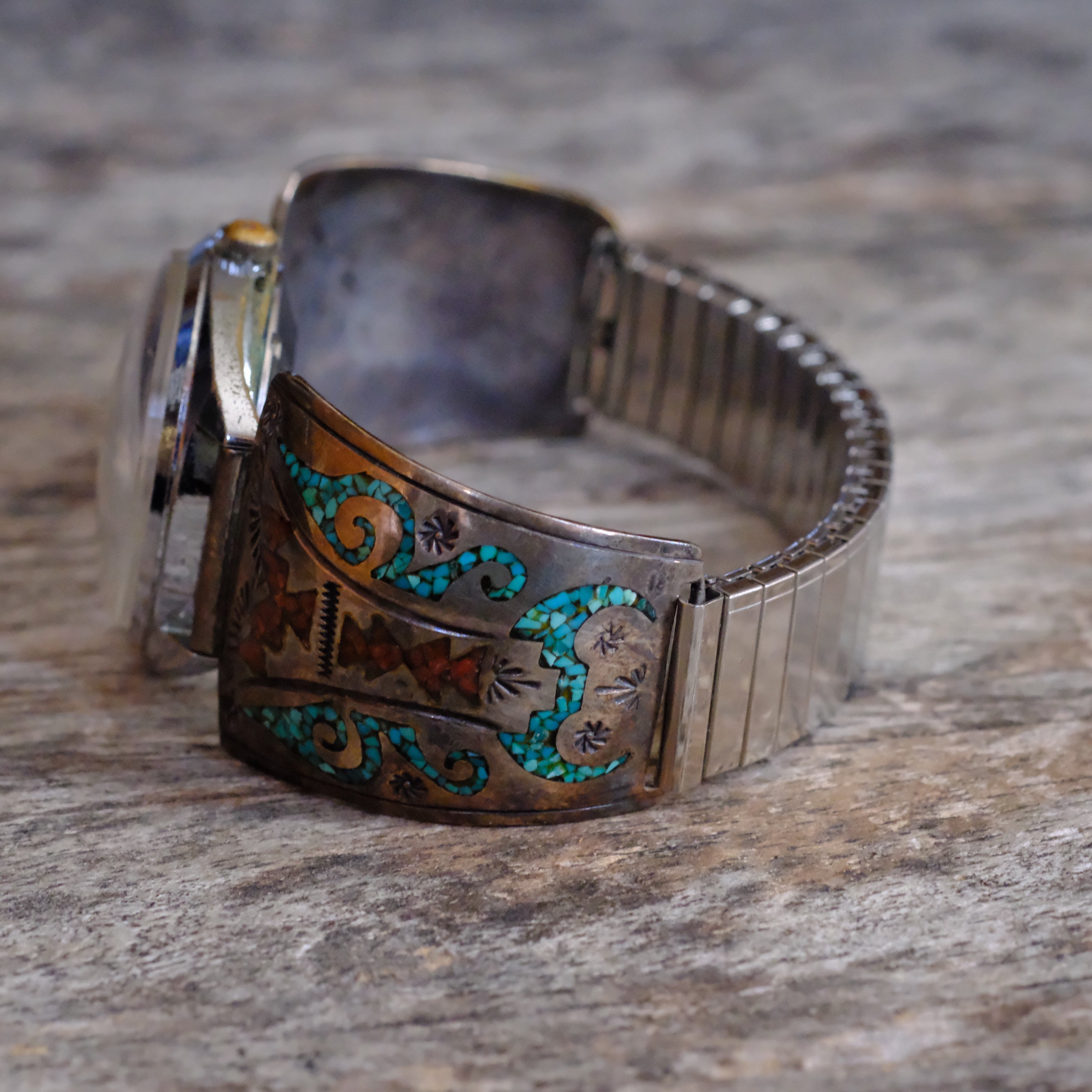 Vintage Sterling Crushed Turquoise and Coral Inlay Ring