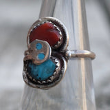 Vintage Sterling Zuni Turquoise and Coral Snake Ring 6.25