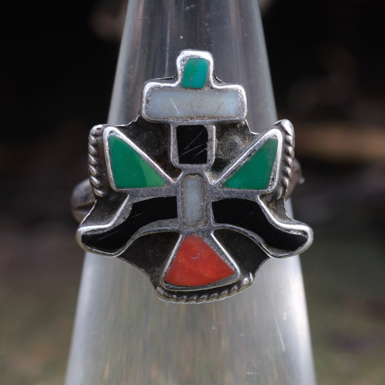 Vintage Sterling Multistone Inlay Kachina Ring 4.75