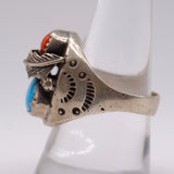 Vintage Sterling Turquoise and Coral Feather Ring 9.25