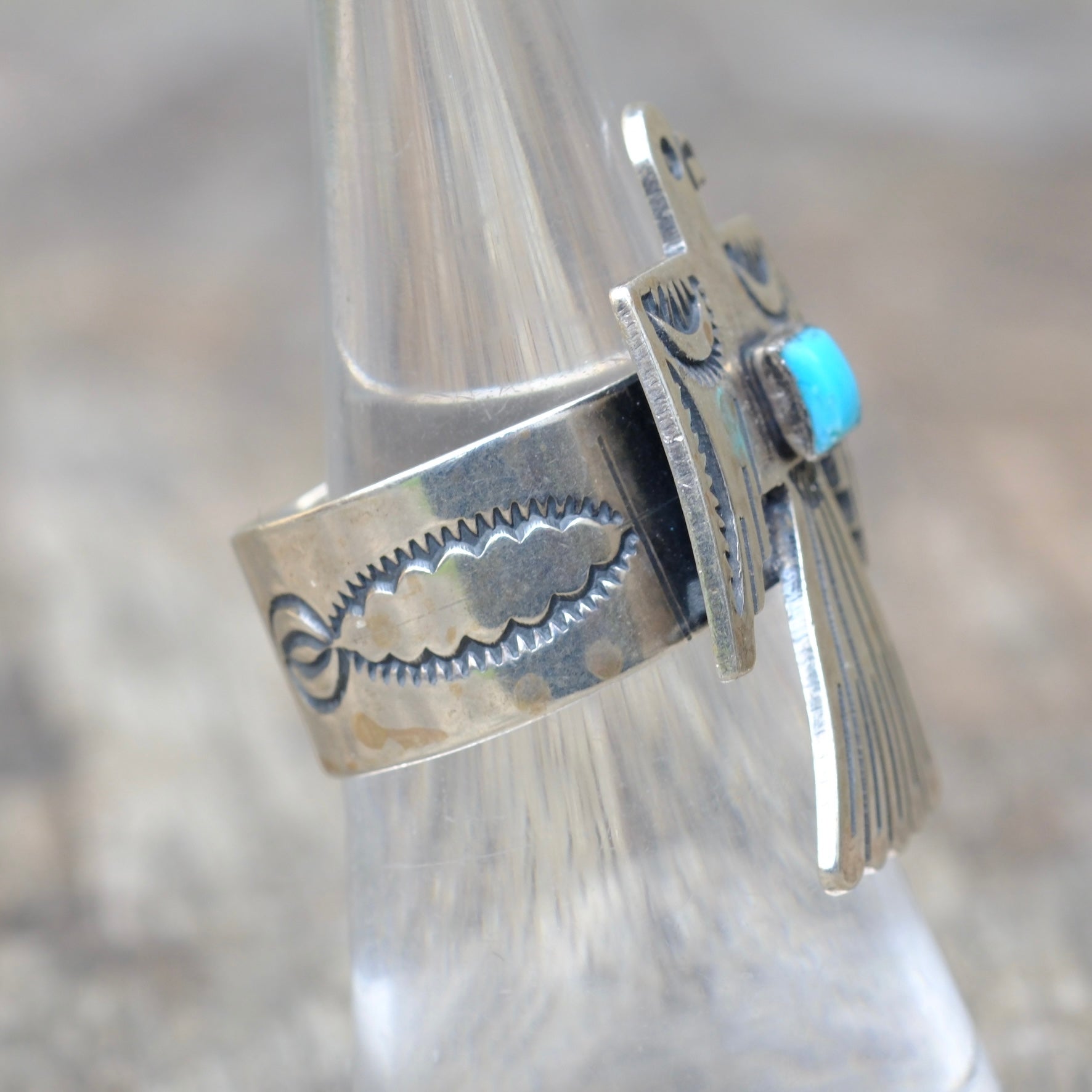 Vintage Sterling Turquoise Thunderbird Ring 7.25