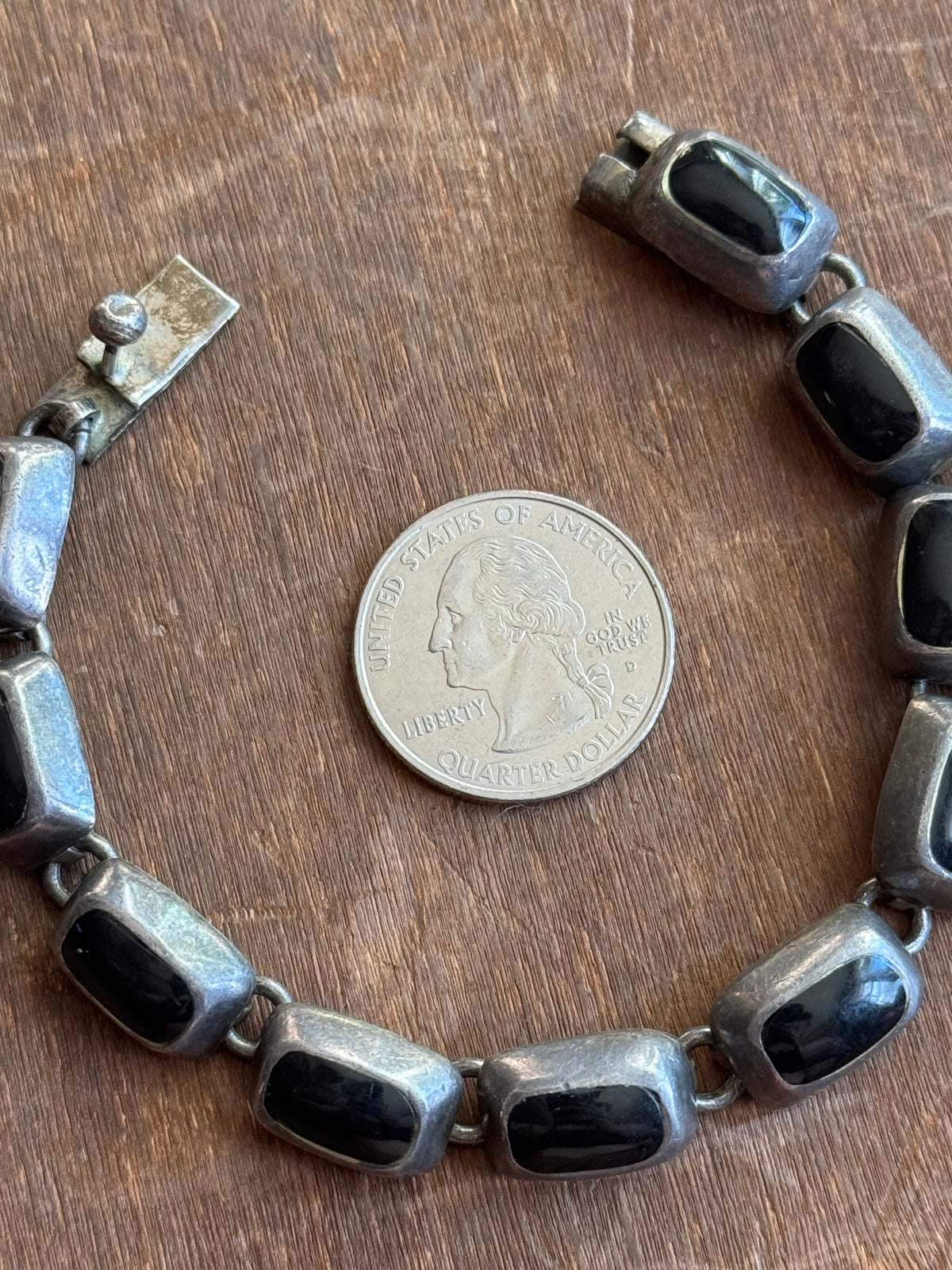 Vintage Sterling Silver 7” Onyx Inlay Chunk Square Link Bracelet