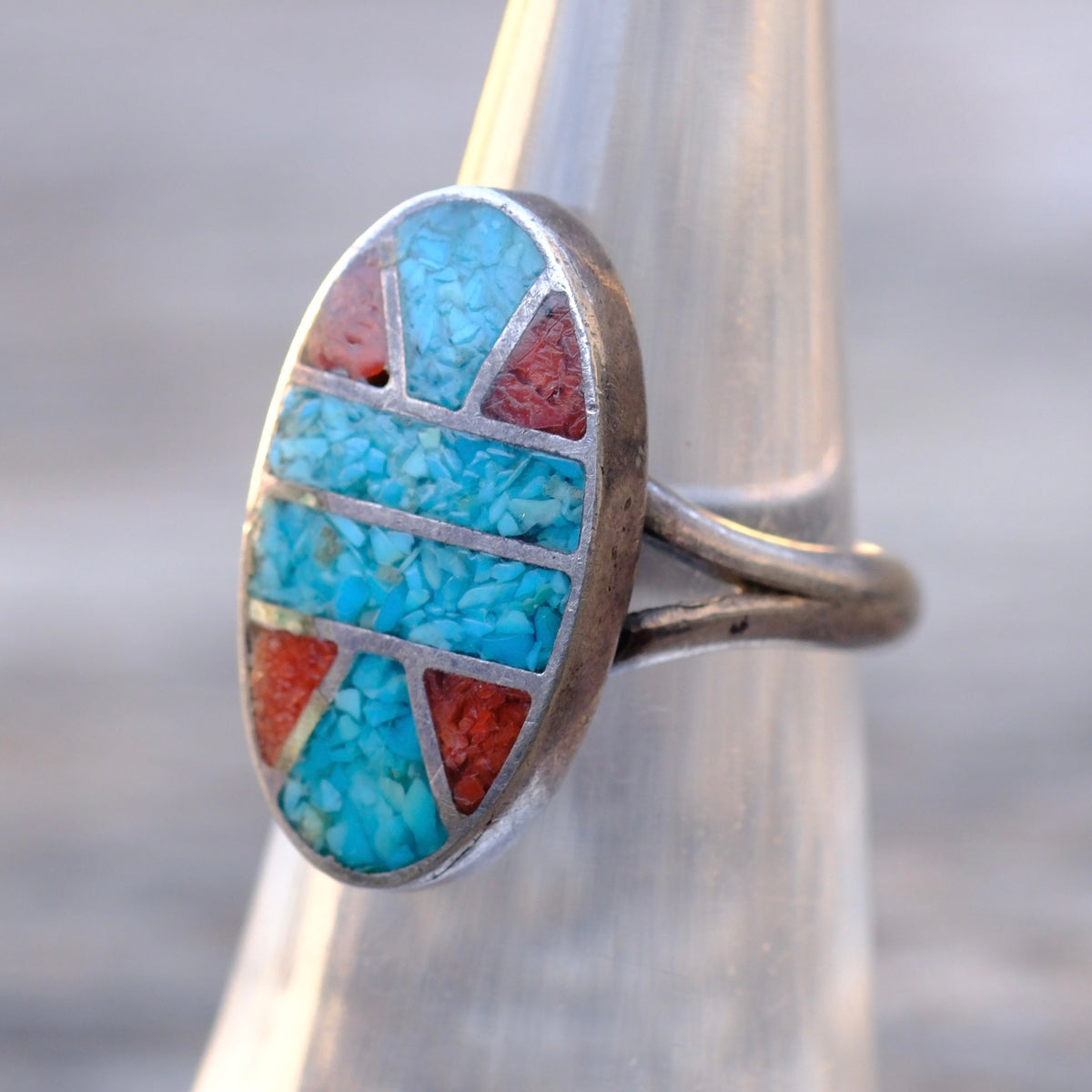 Vintage Sterling Turquoise and Coral Inlay Ring 5