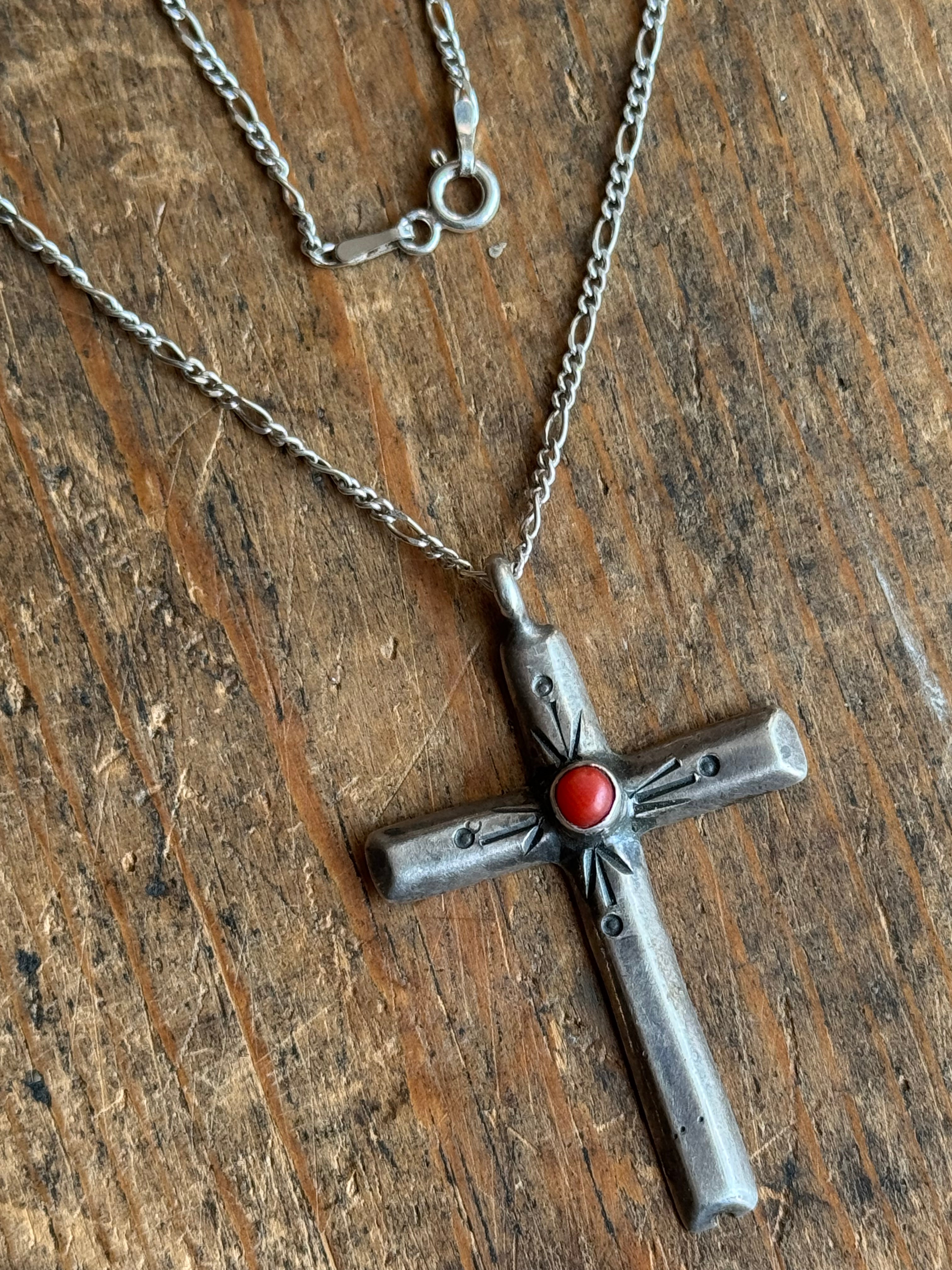 Vintage Sterling Silver Stamped Coral Cross 18" Necklace