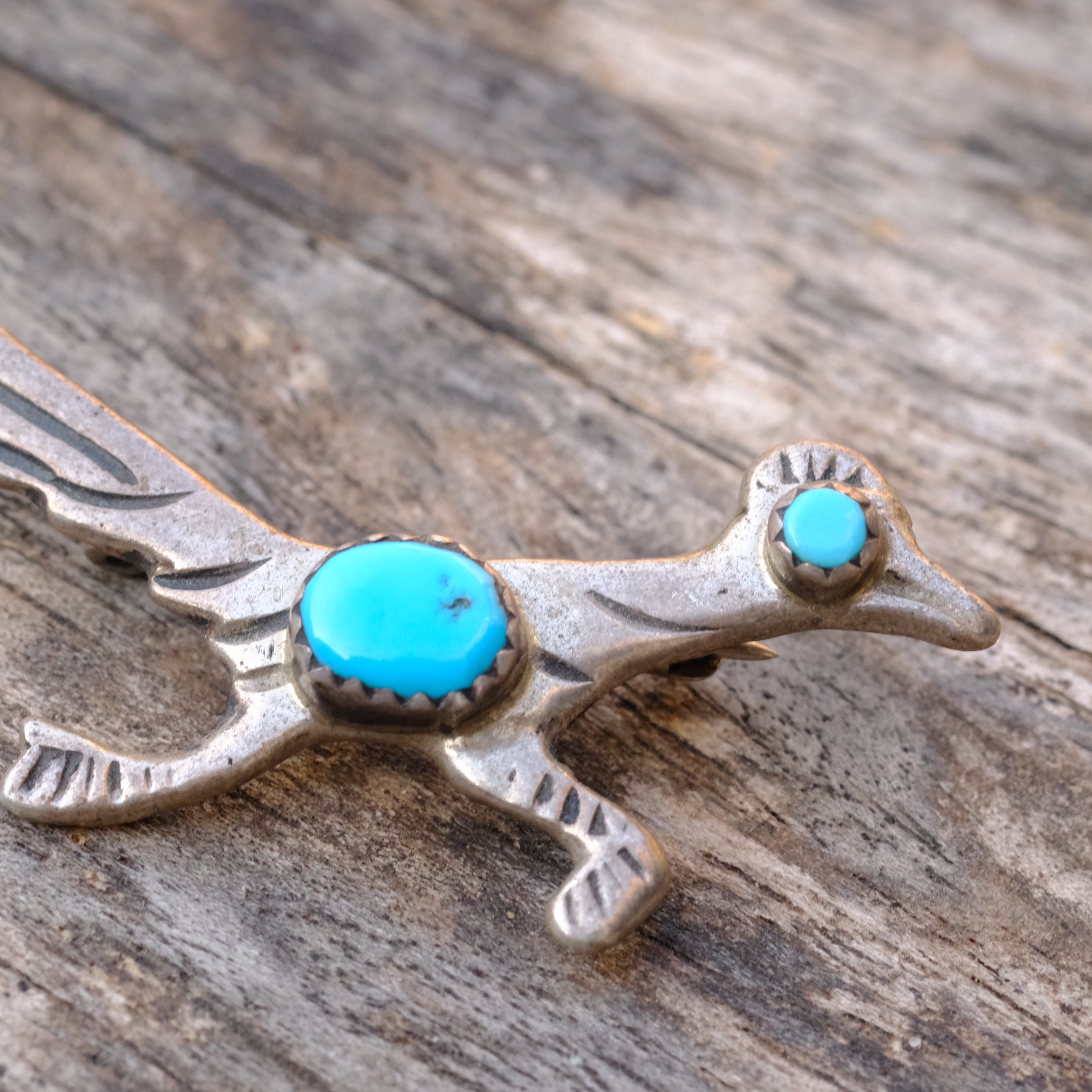 Vintage Sterling Turquoise Road Runner Pin