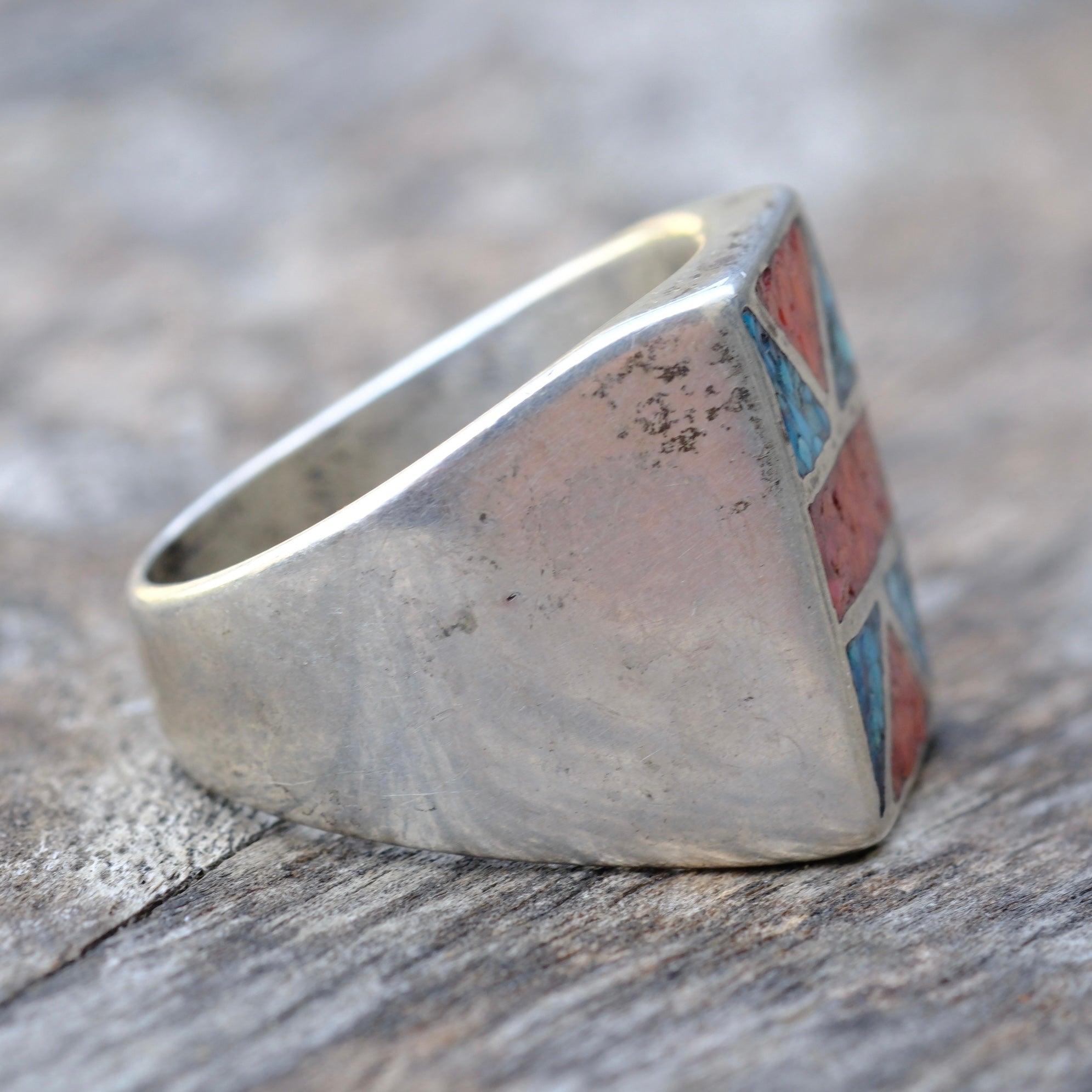 Vintage Sterling Turquoise and Coral Inlay Ring 9.5