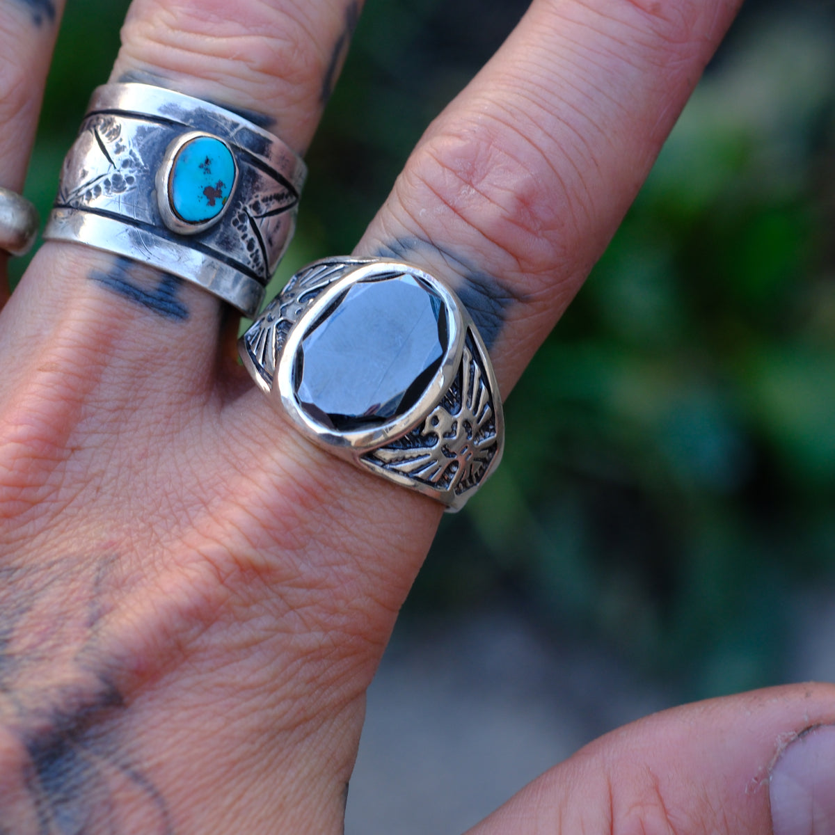 Vintage Sterling Hematite Thunderbird Ring 15.5