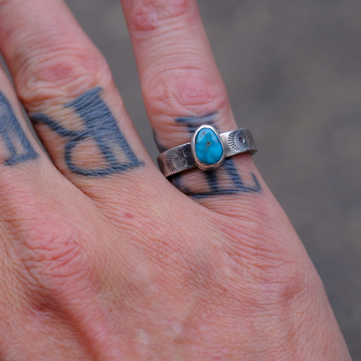 Sterling Silver Lone Mountain Turquoise Stamped Band Ring 6.5