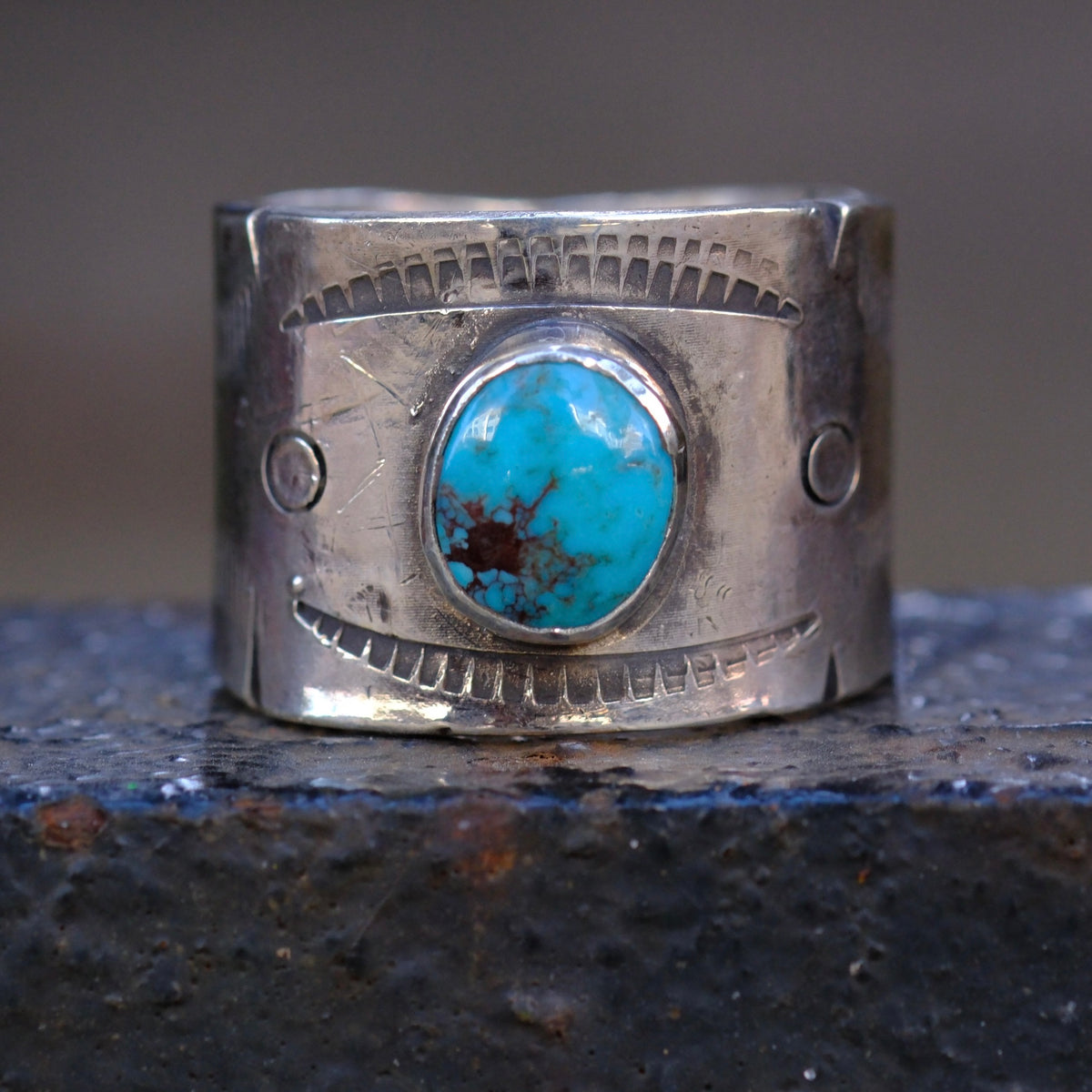 Sterling Silver Bisbee Turquoise Stamped Cigar Band Ring 11