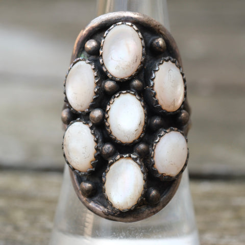 Vintage Sterling Mother Of Pearl Cluster Ring 7.75
