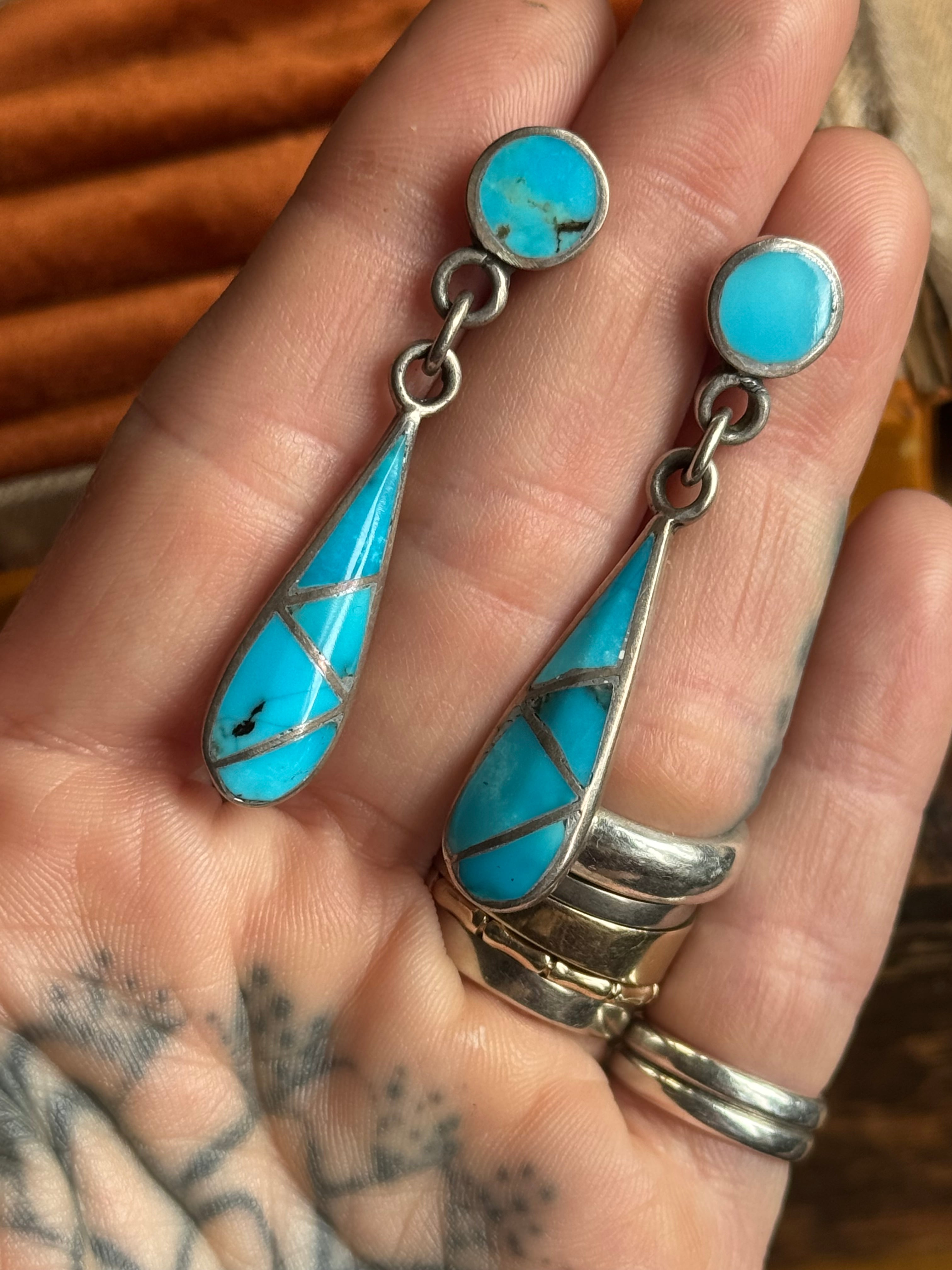Vintage Sterling Silver Turquoise Teardrop Inlay earrings