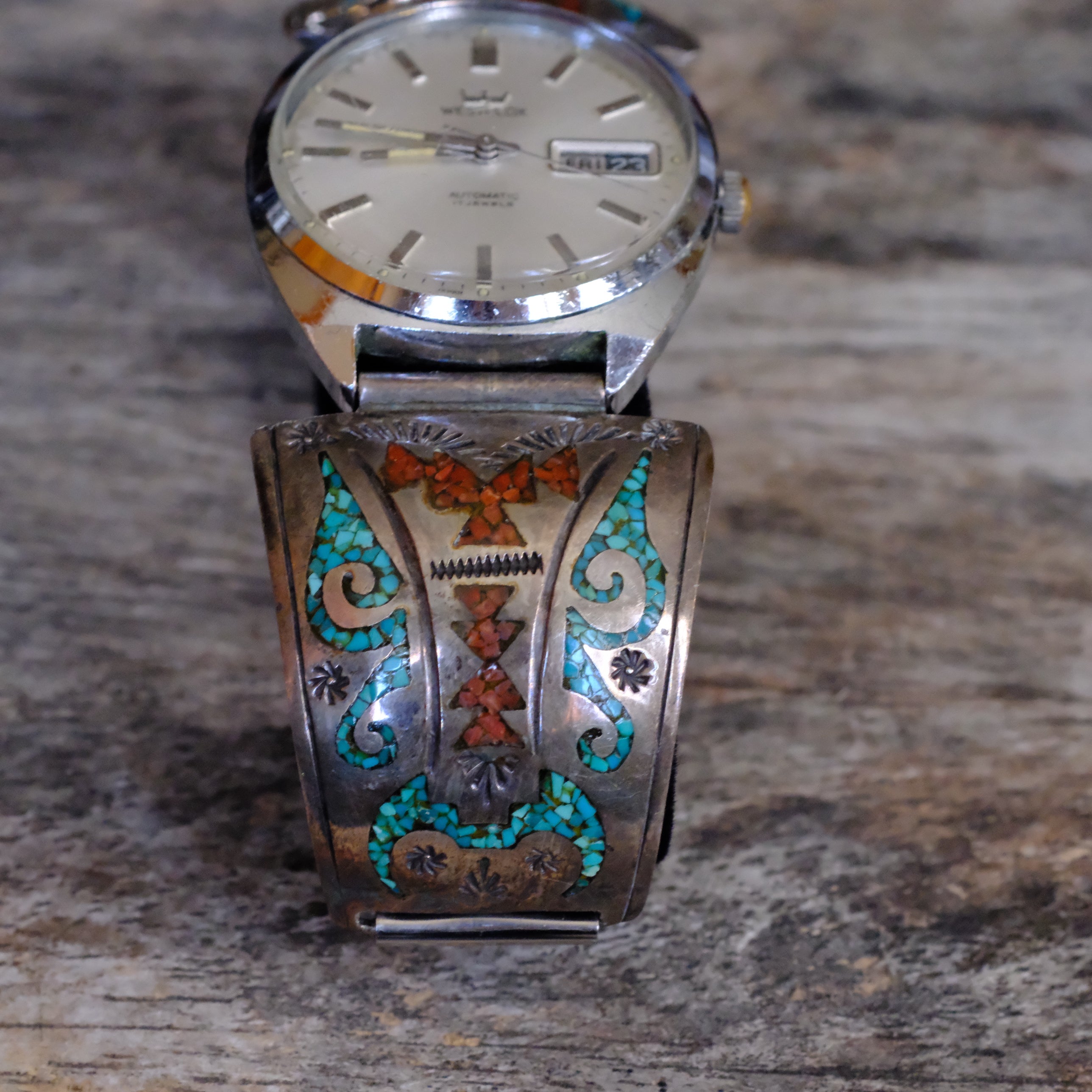 Vintage Sterling Crushed Turquoise and Coral Inlay Ring