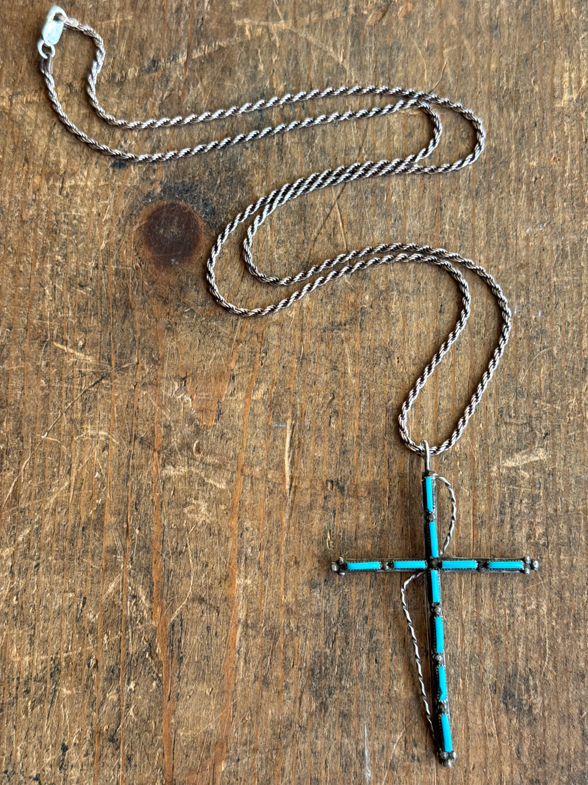 Vintage Sterling Silver Petit Point Turquoise Cross Necklace