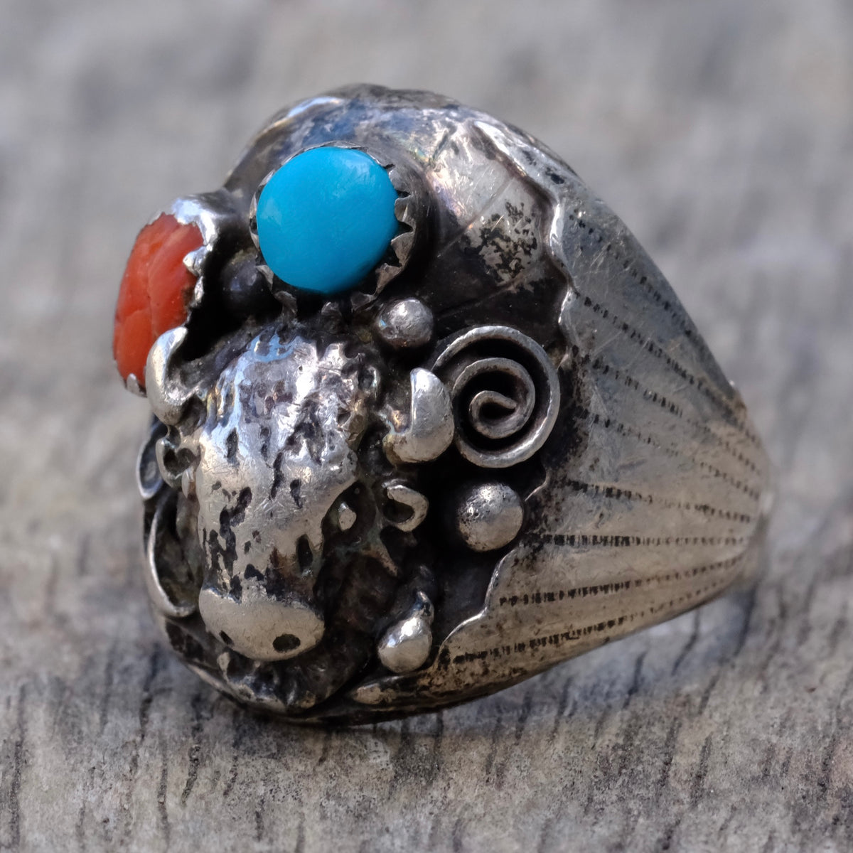 Vintage Sterling Turquoise and Coral Buffalo Ring 10.5