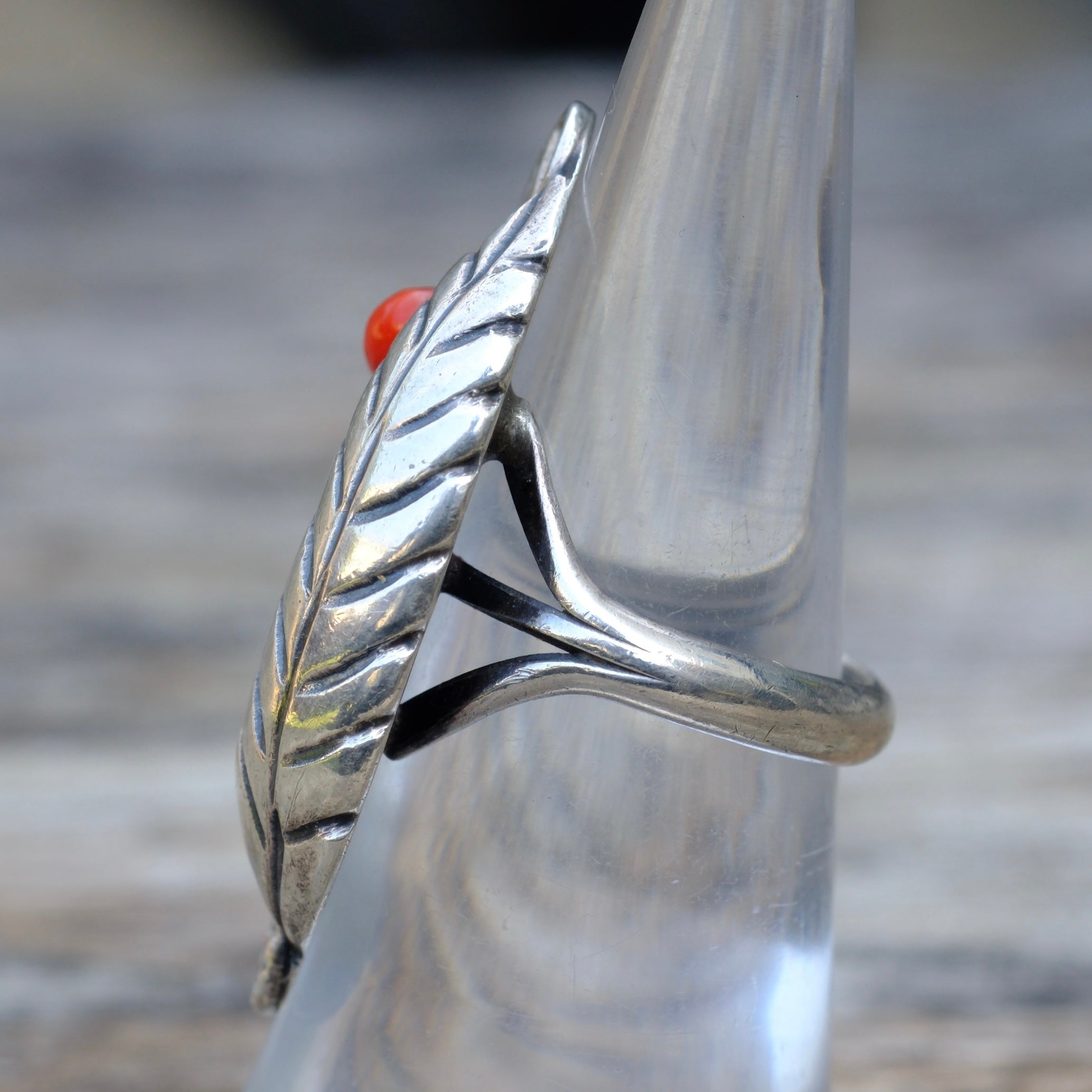 Vintage Sterling Turquoise and Coral Feather Ring 6.5