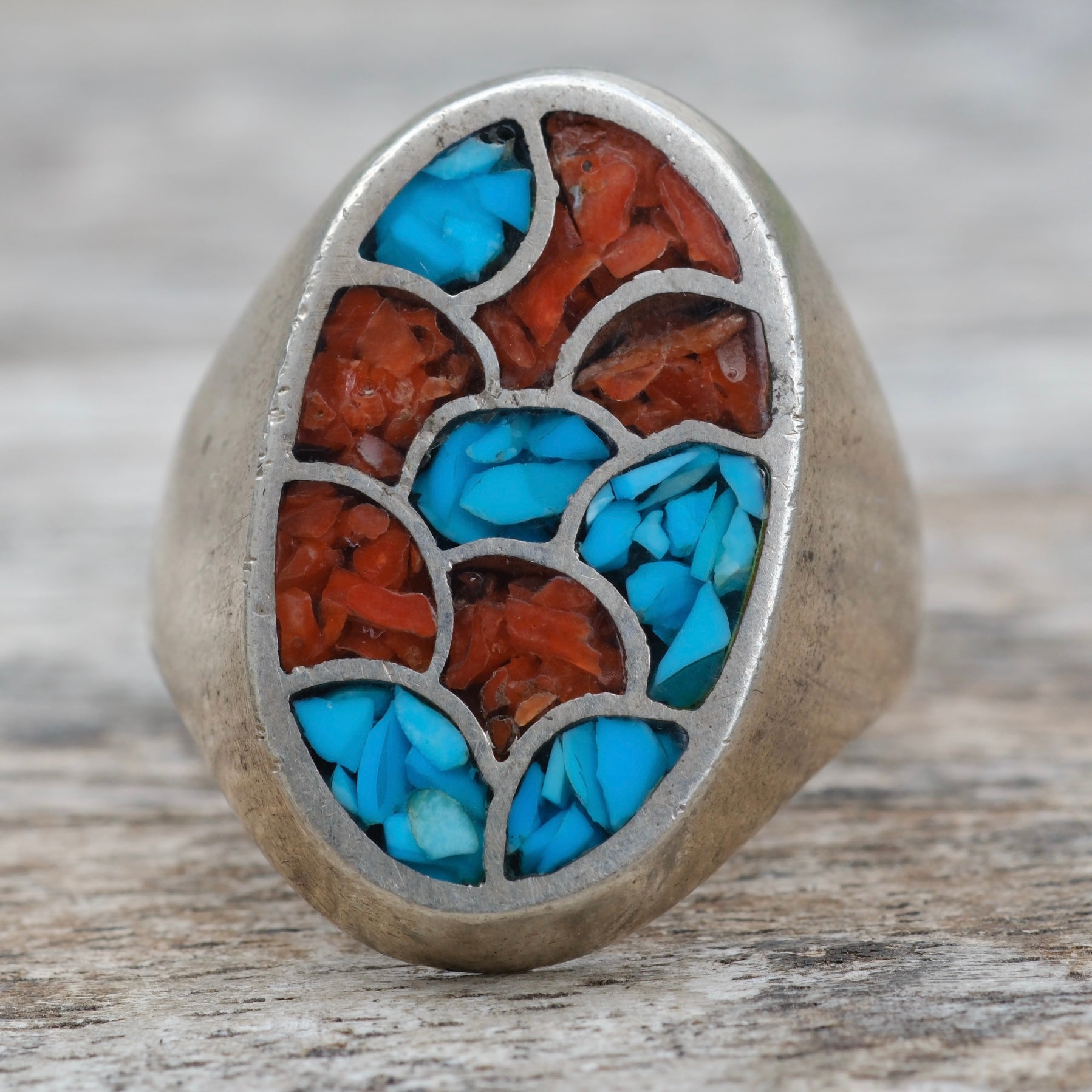 Vintage Sterling Crushed Turquoise and Coral Inlay Ring 11.5