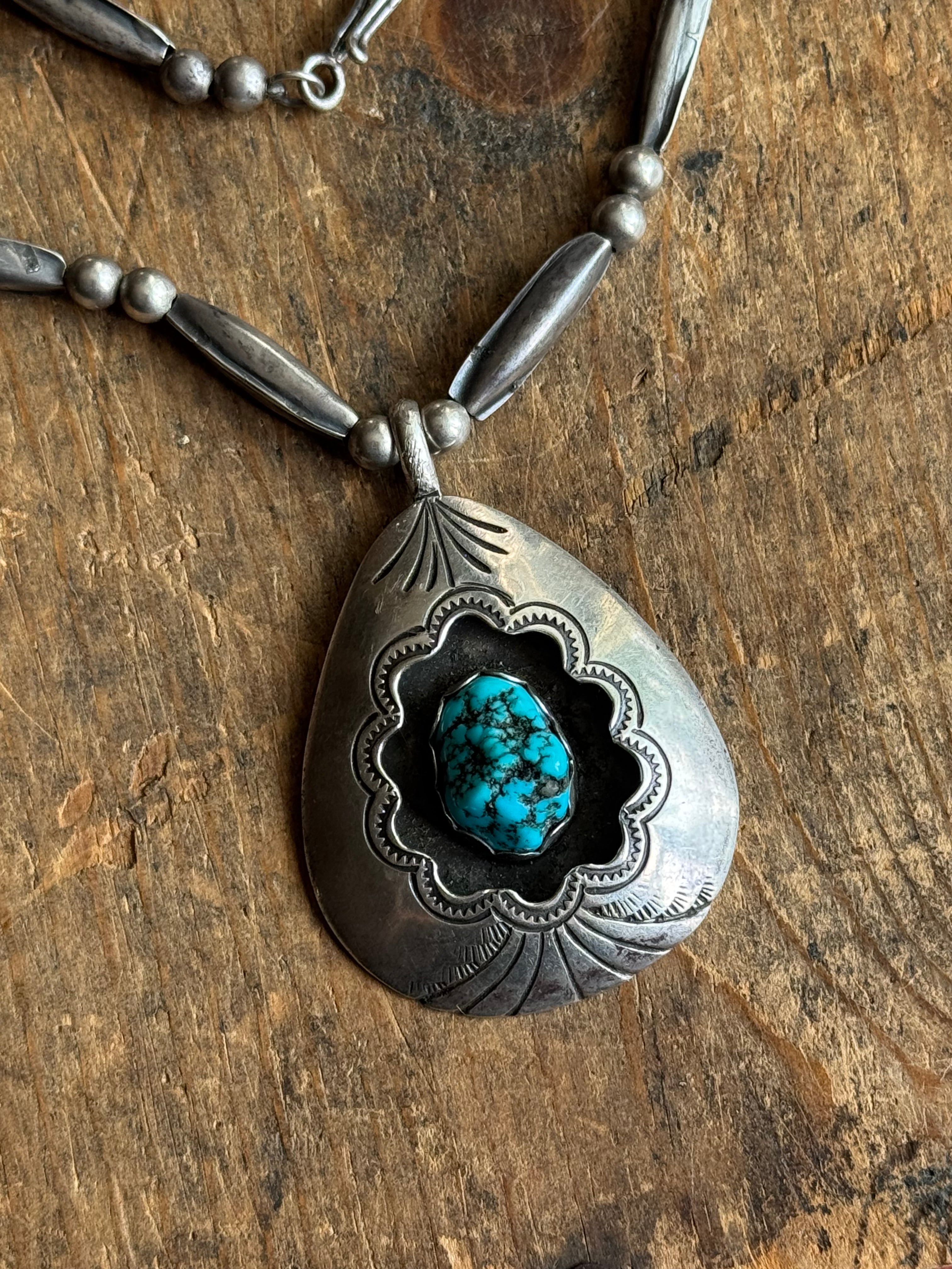 Vintage Sterling Silver Stamped Raw Turquoise Shadowbox Necklace