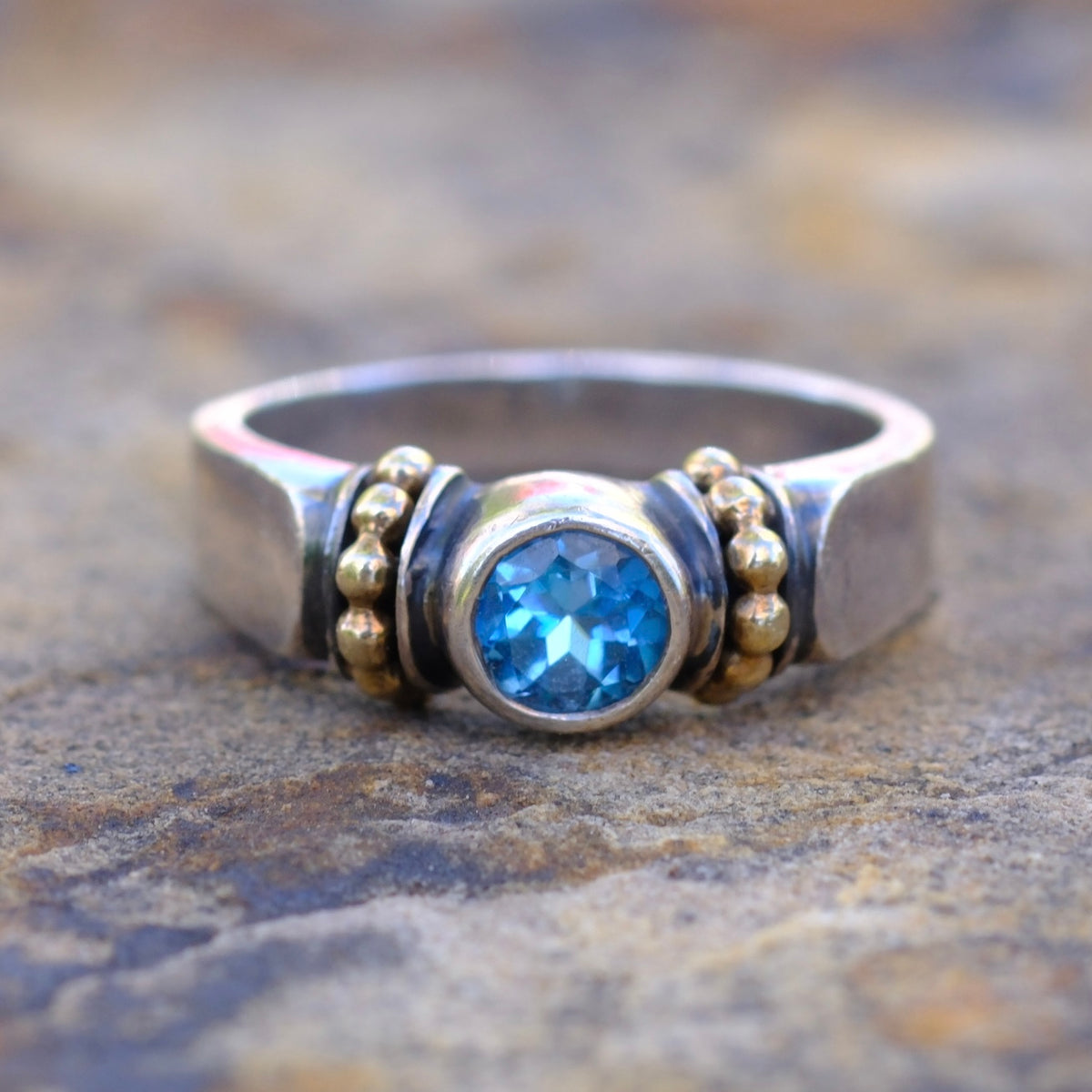 Vintage Sterling and 18K Gold Topaz Ring 6 Caviar-Lagos