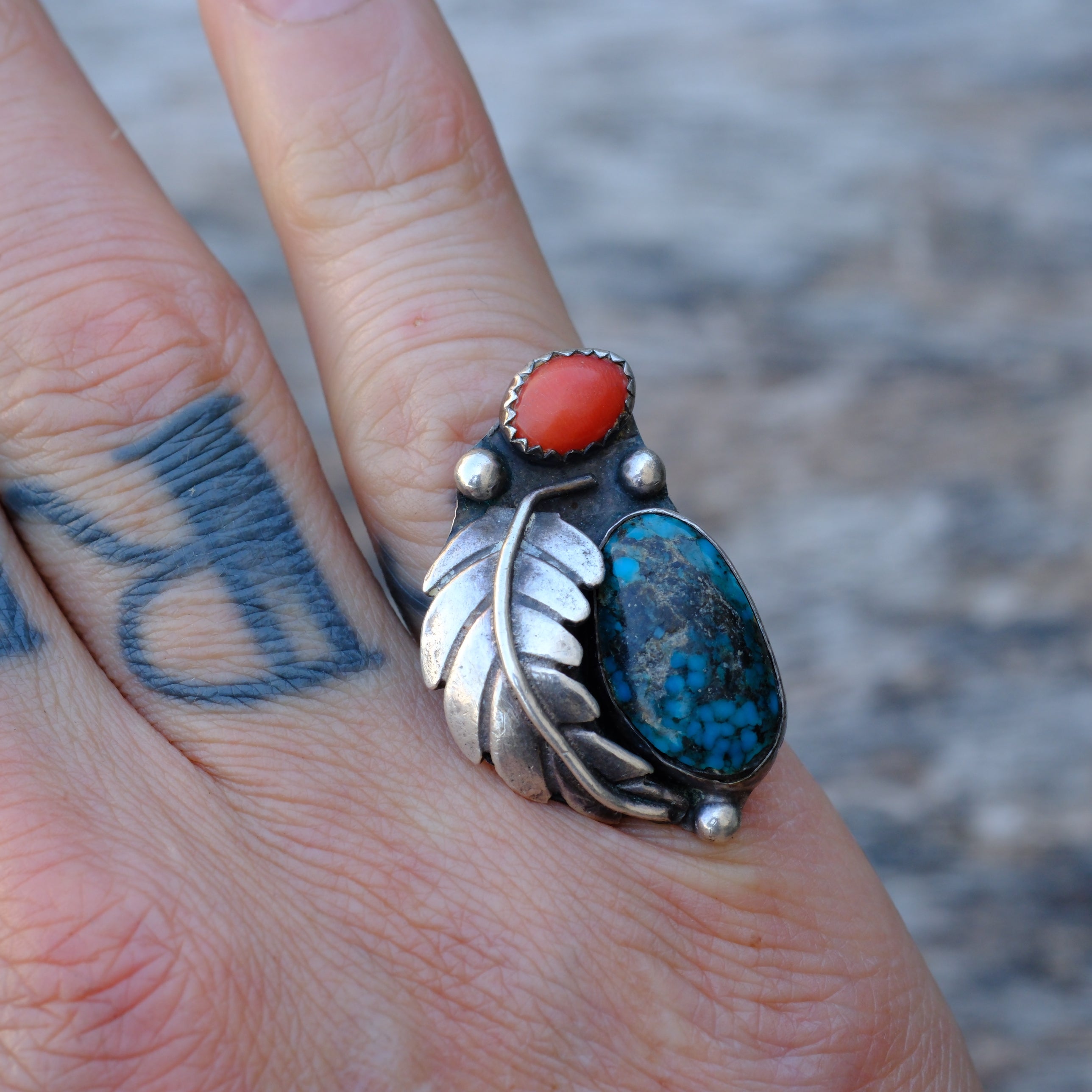 Vintage Sterling Turquoise and Coral Feather Ring 5.5