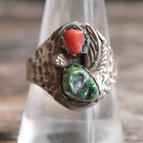Vintage Sterling Turquoise and Coral Feather Ring 10.5