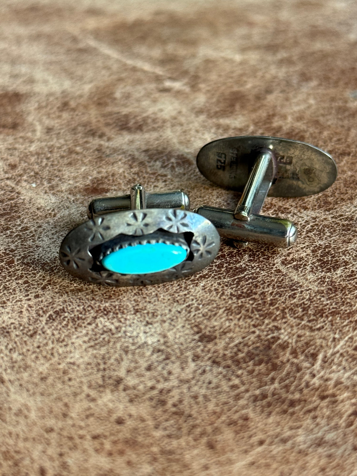 Vintage Sterling Silver Stamped Turquoise Shadowbox Cufflinks