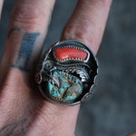 Vintage Sterling Turquoise and Coral Ring 12.5