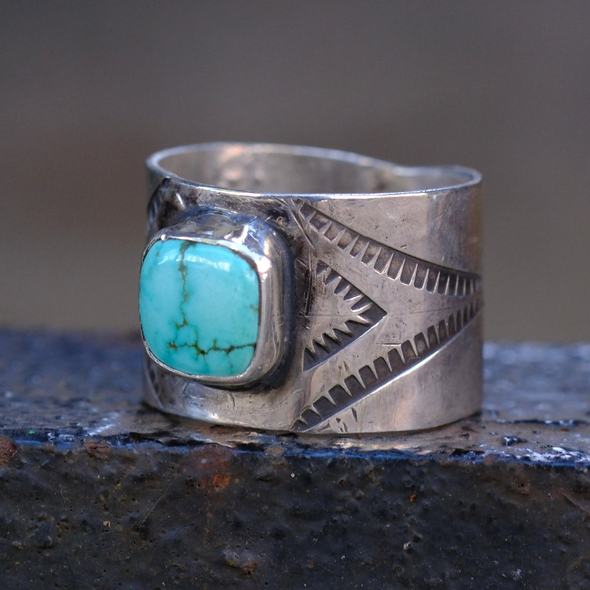 Sterling Silver Natural Lone Mountain Turquoise Stamped Cigar Band Ring 10.5
