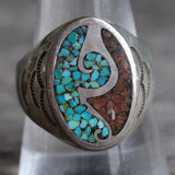 Vintage Sterling Crushed Turquoise and Coral Inlay Ring 10.25